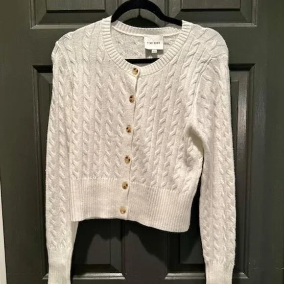 Pink Rose cropped button up crew neck sweater off white size large - Picture 1 of 3